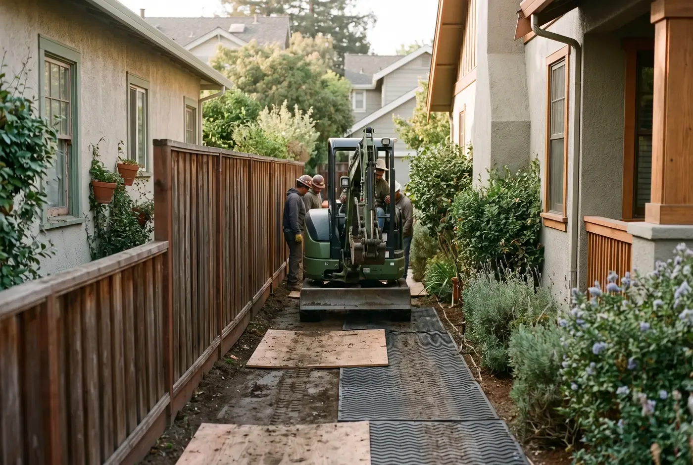 Construction equipment access through a narrow 6-foot side yard with temporary plywood ground protection over existing landscape