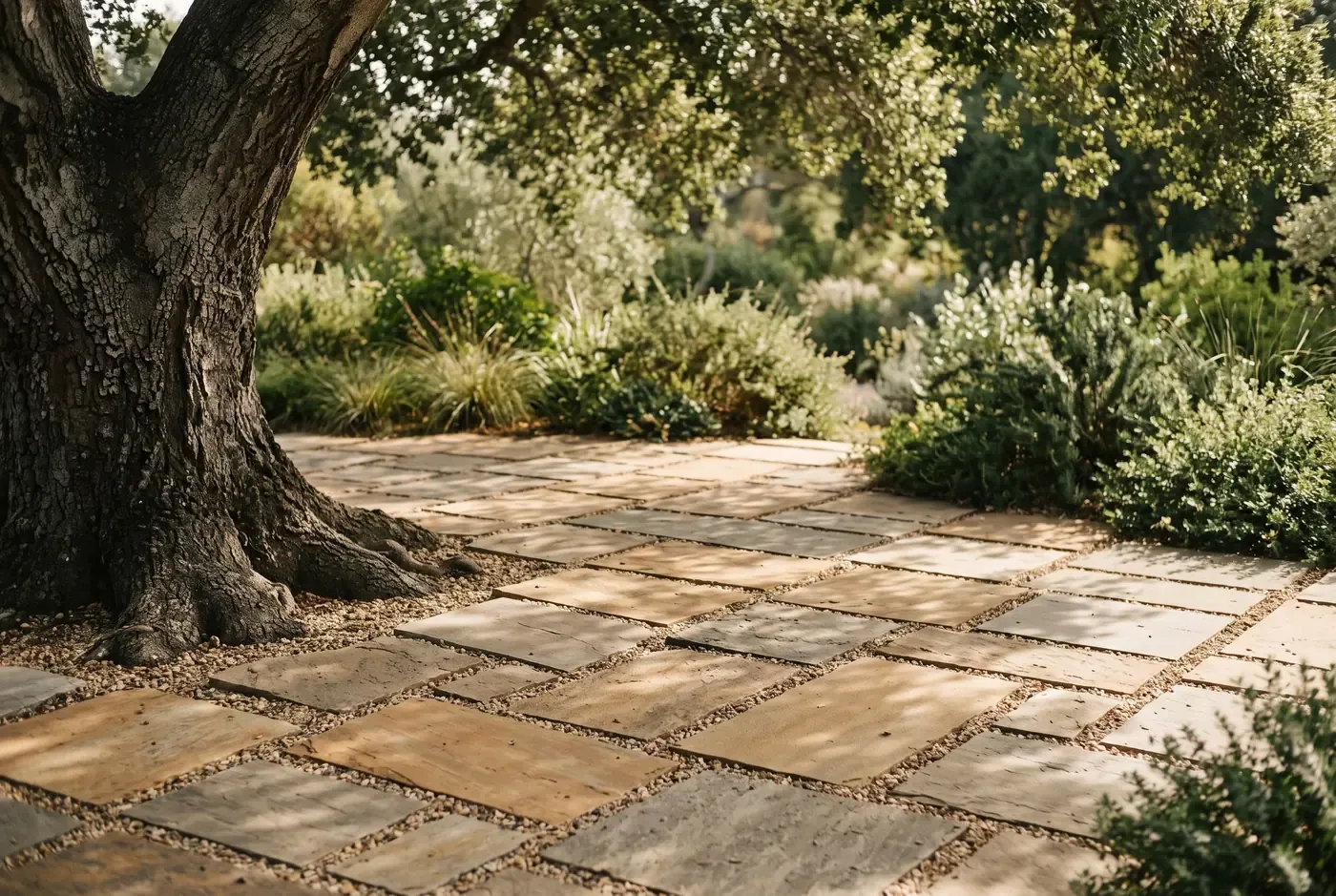 Porous paver patio surface installed beneath a heritage oak canopy, with visible root flare and dappled light