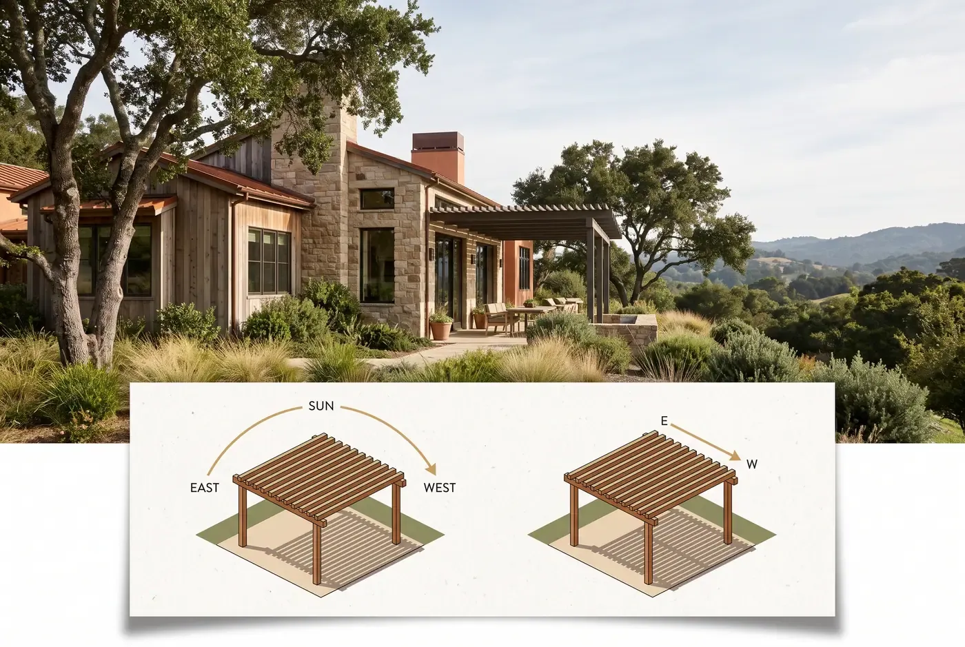 Diagram showing slat direction and sun angle relationship for south-facing versus west-facing pergola