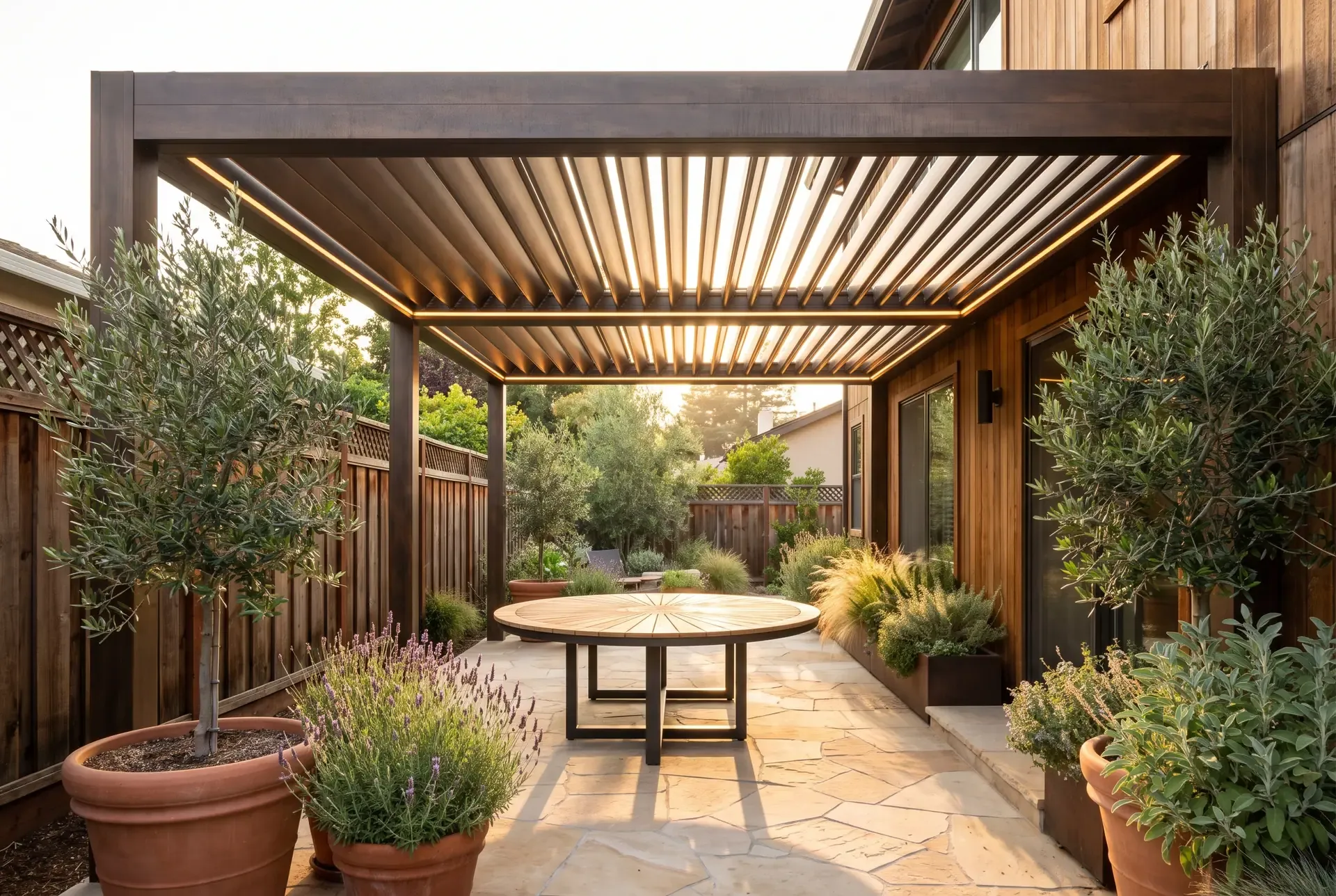 Modern aluminum louvered patio cover in a South Bay backyard showing adjustable pitch and integrated lighting