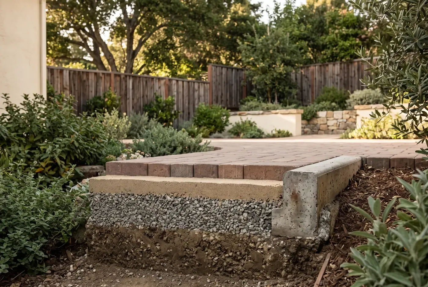 Cross-section diagram of paver base preparation showing compacted subgrade, aggregate base, bedding sand, and pavers
