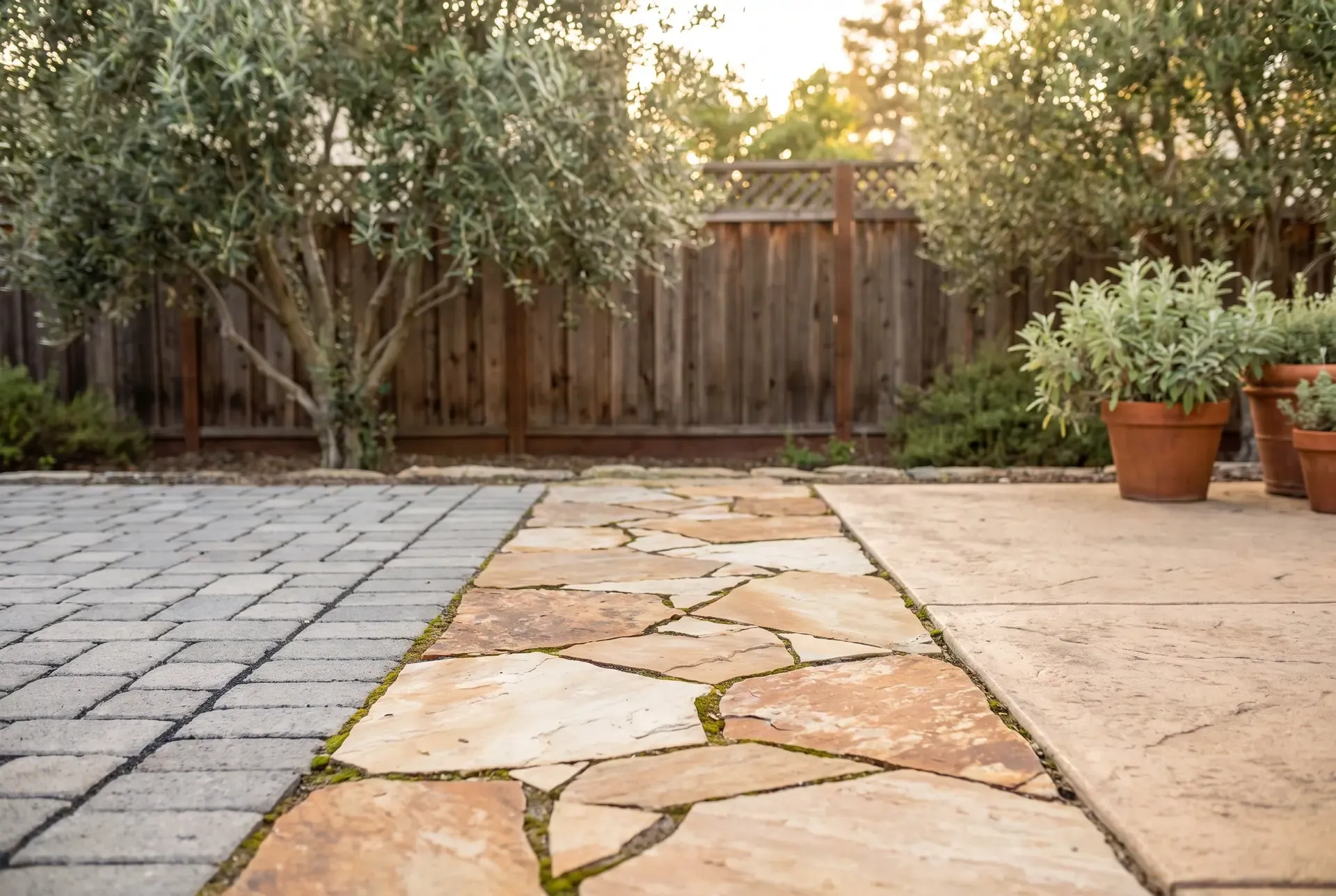 Side-by-side comparison of concrete pavers, natural flagstone, and poured concrete patio finishes