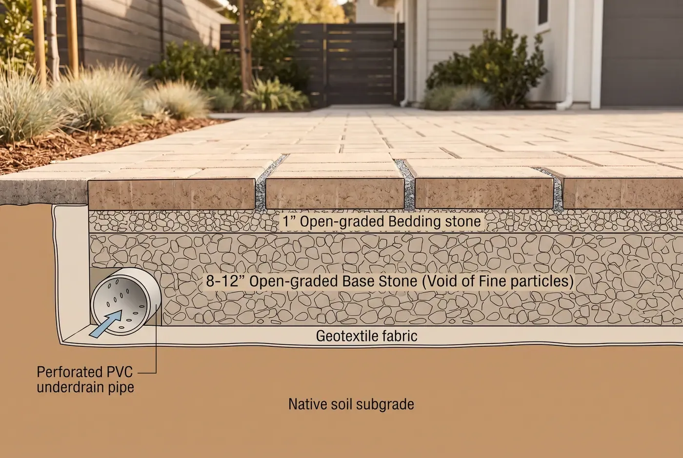 Cross-section diagram of permeable paver system showing open-graded base reservoir and optional underdrain