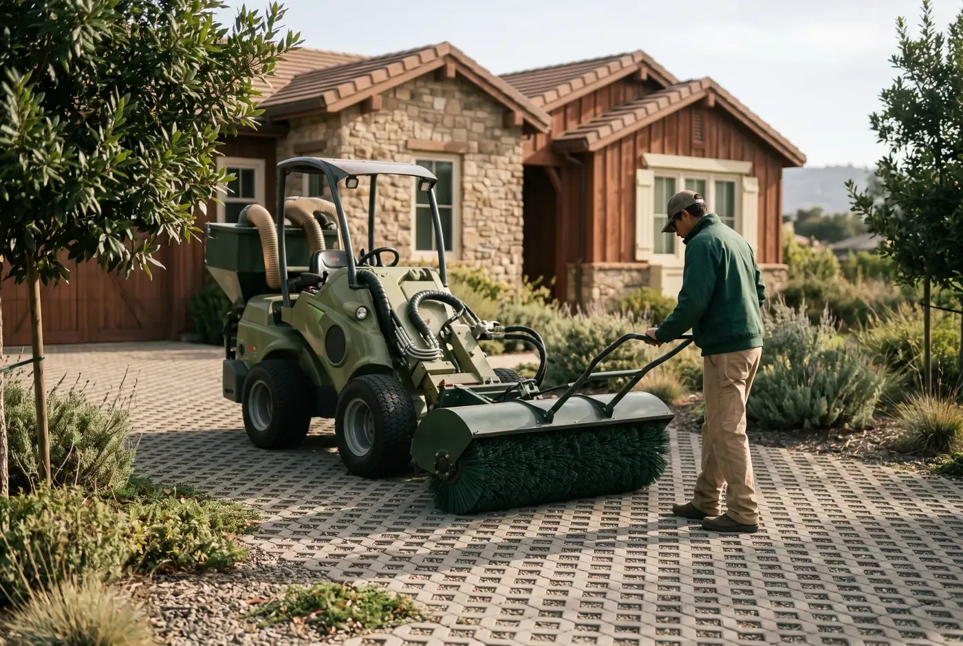 Photo of vacuum sweeping equipment maintaining permeable paver joints in a residential setting
