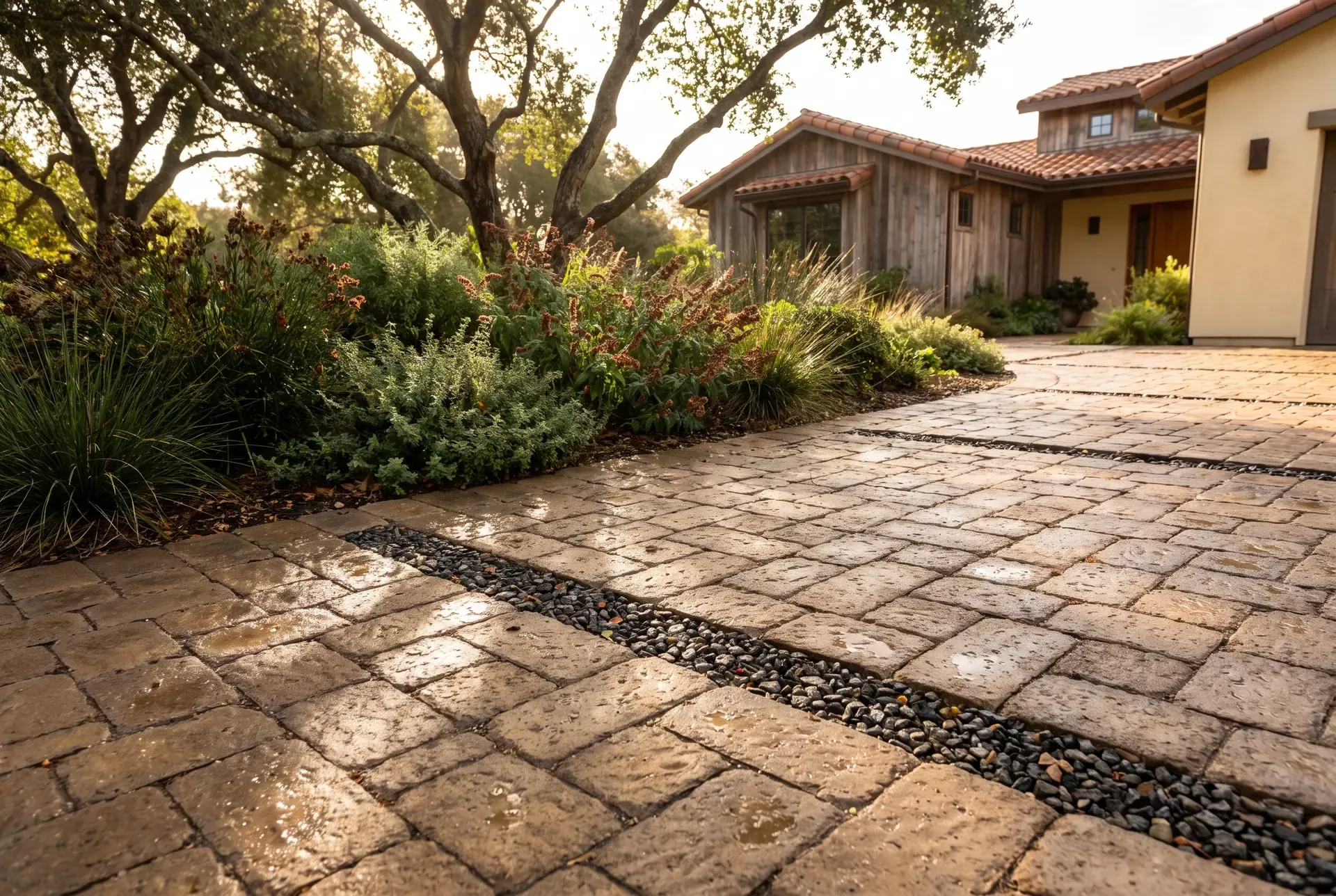 Installed permeable paver driveway with visible aggregate-filled joints and integrated drainage