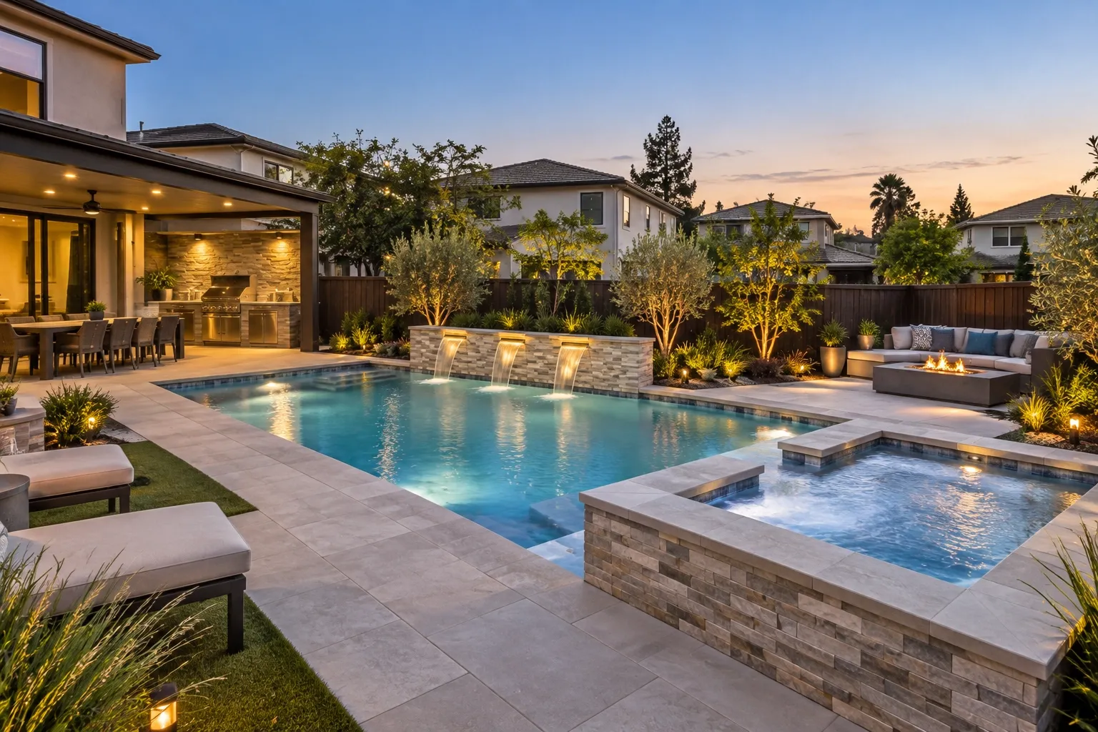 Luxury Bay Area backyard with an in-ground pool, spa, decking, and landscaping