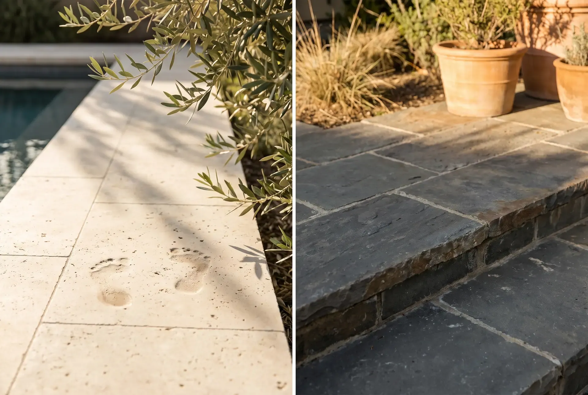 Editorial comparison of light and dark pool deck pavers under Bay Area sun