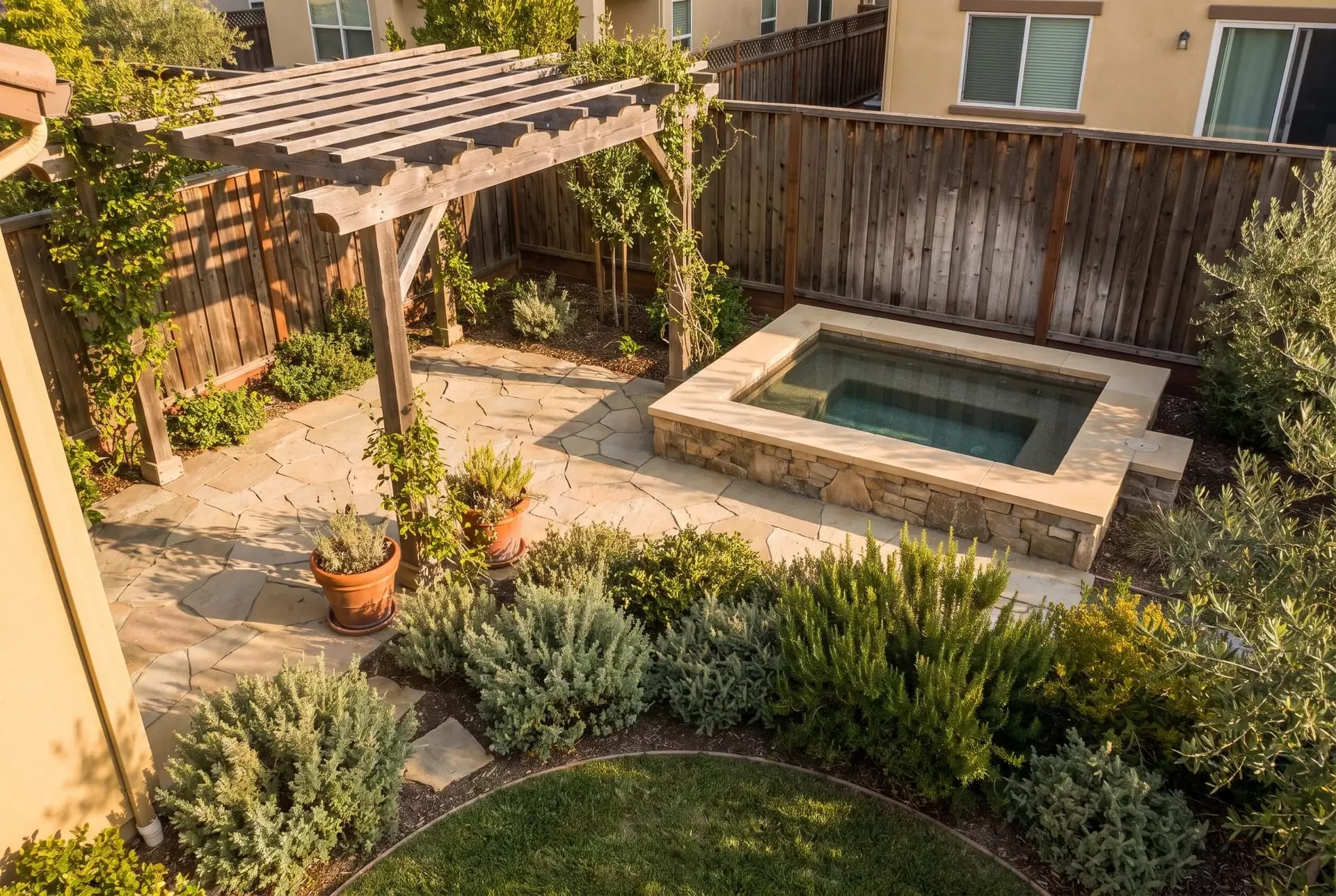 Editorial top-down study of a compact South Bay backyard with a spa, patio, and planting buffer