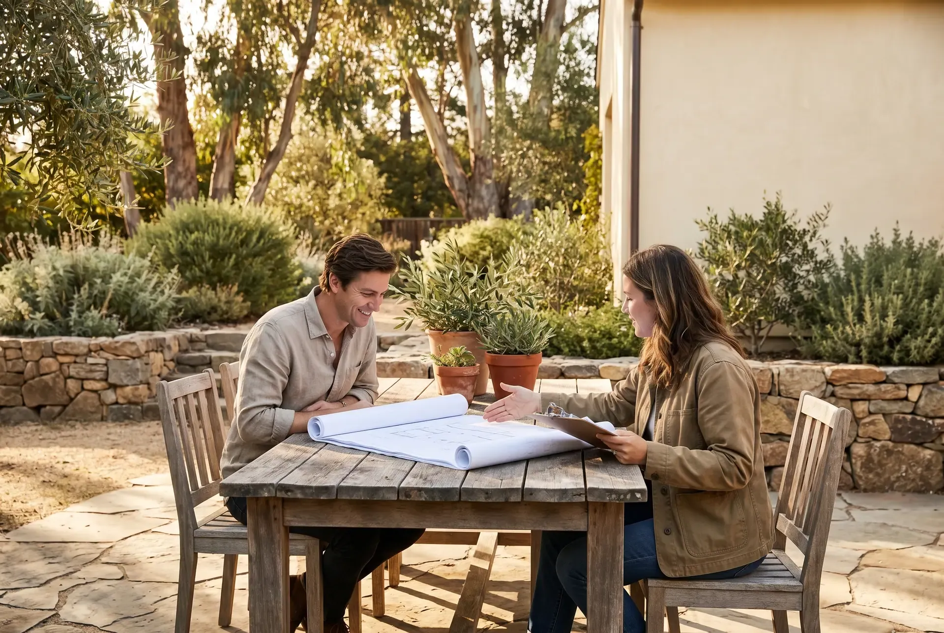 Contractor handshake with homeowner over rolled-up plans on an outdoor patio