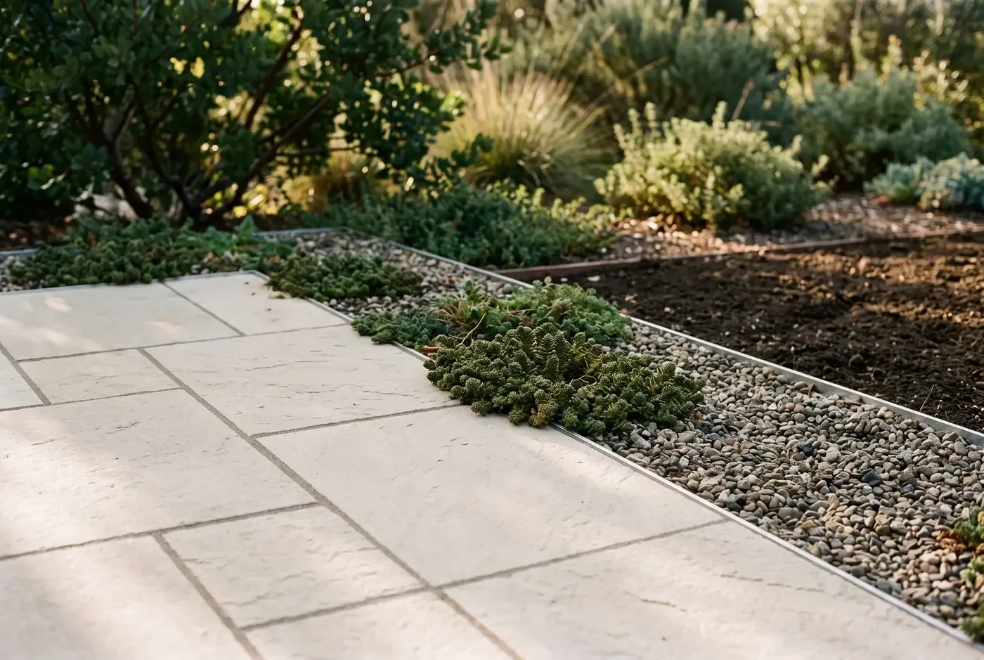 Close-up of a paver installation detail showing joint spacing and edge restraint