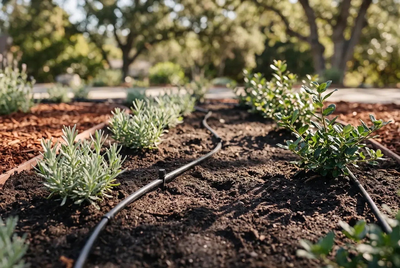 Irrigation drip-line tubing running through a newly planted drought-tolerant garden bed