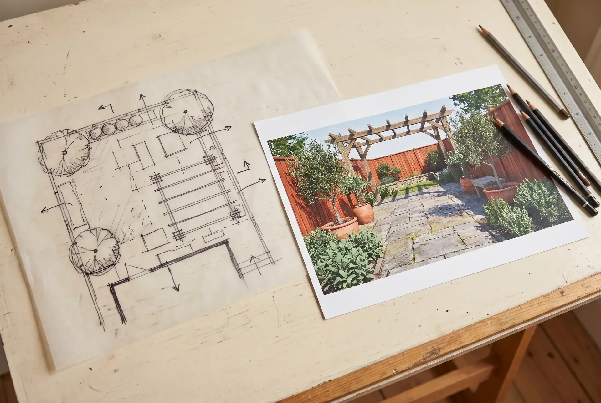 Side-by-side comparison of a hand-drawn site plan and a colorful 3D landscape rendering on a drafting table