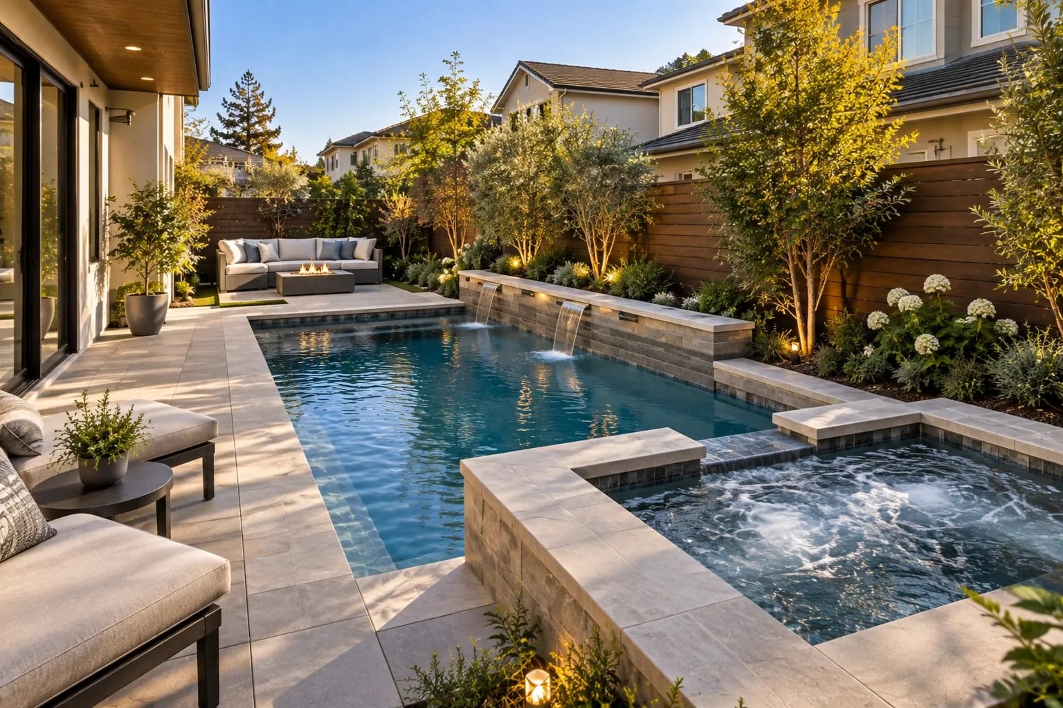 Compact Bay Area backyard with a custom pool, spa, and space-efficient decking