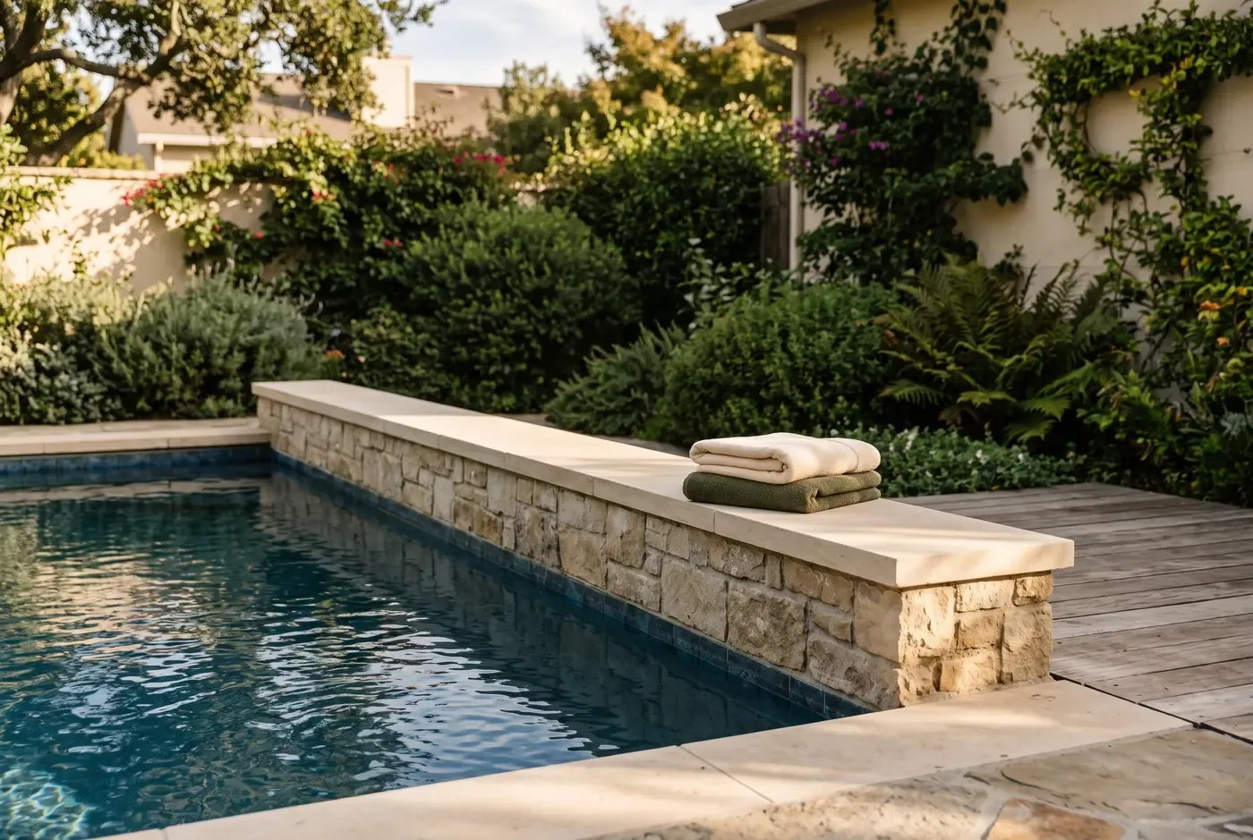 Raised bond beam acting as casual seating along a small pool