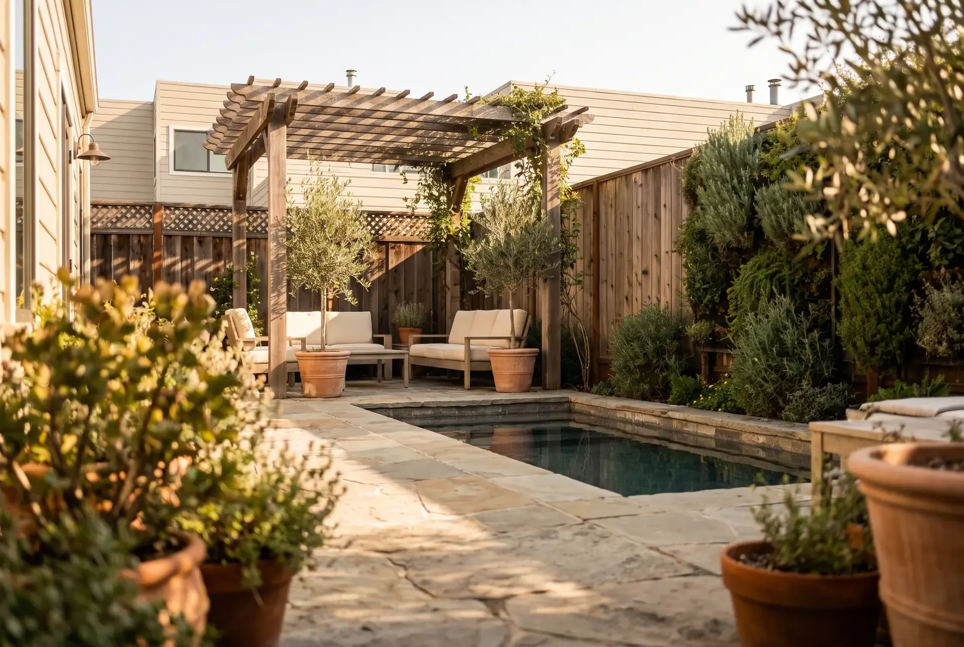 Editorial illustration of a compact plunge pool tucked into a small Bay Area backyard