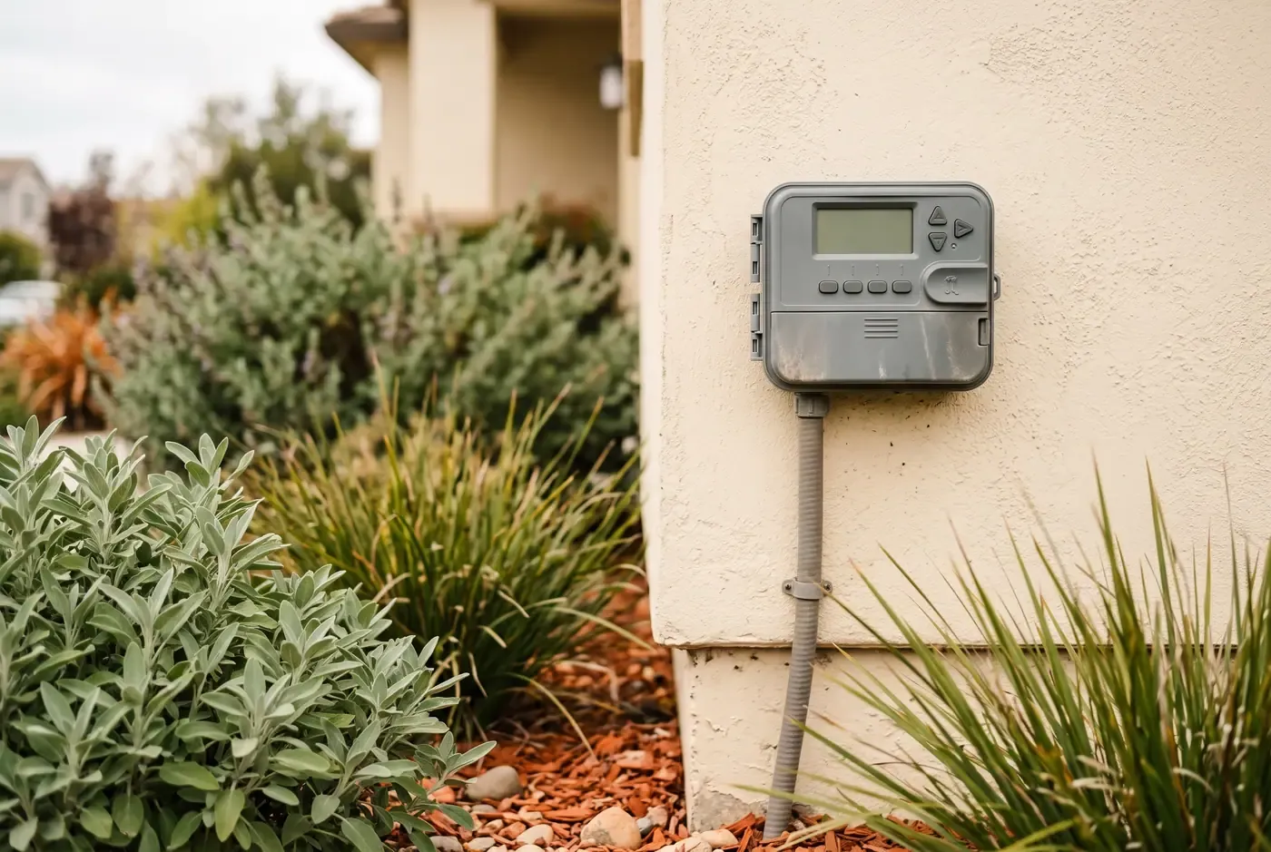 Weather-based irrigation controller mounted beside a garage with an unlit display