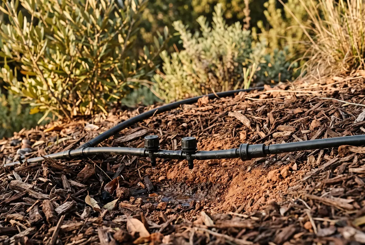 Cutaway view of a slope irrigation line with pressure-compensating emitters and a check valve