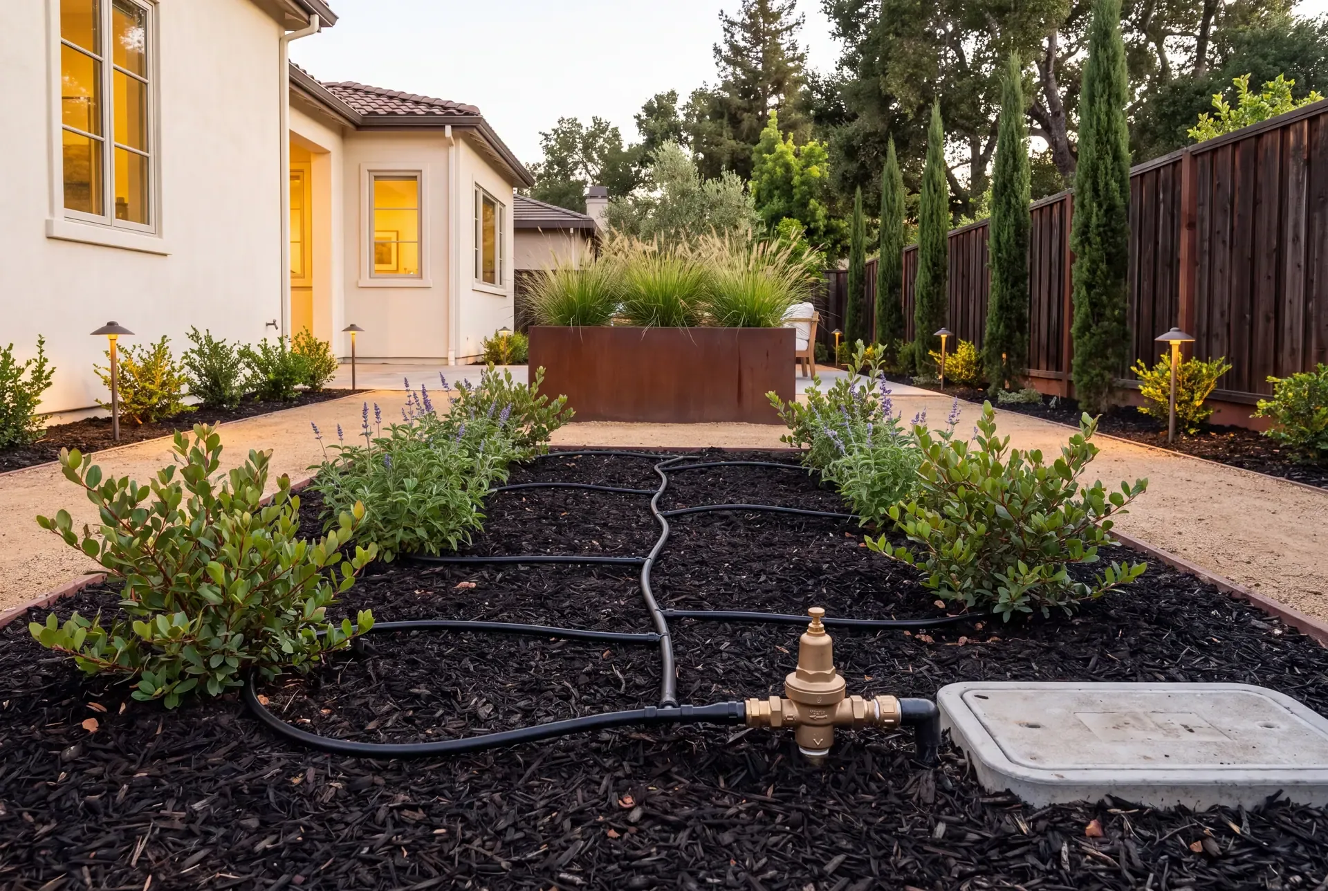 Newly installed inline drip irrigation system with pressure regulator connecting to existing valve in a drought-tolerant garden