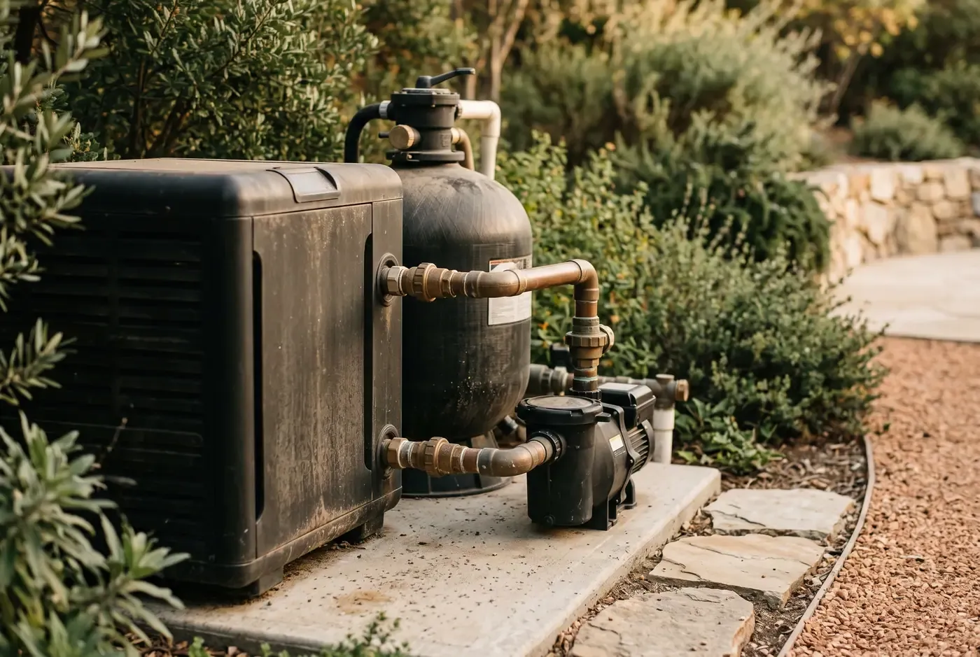 Heat pump pool heater detail next to a pool filter and pump