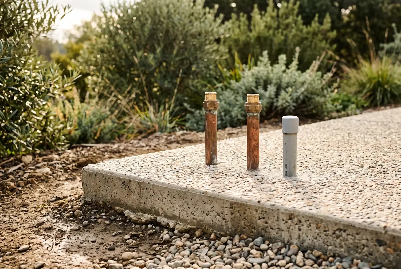 Cross-section of a solar pre-plumb line stub-out at the equipment pad