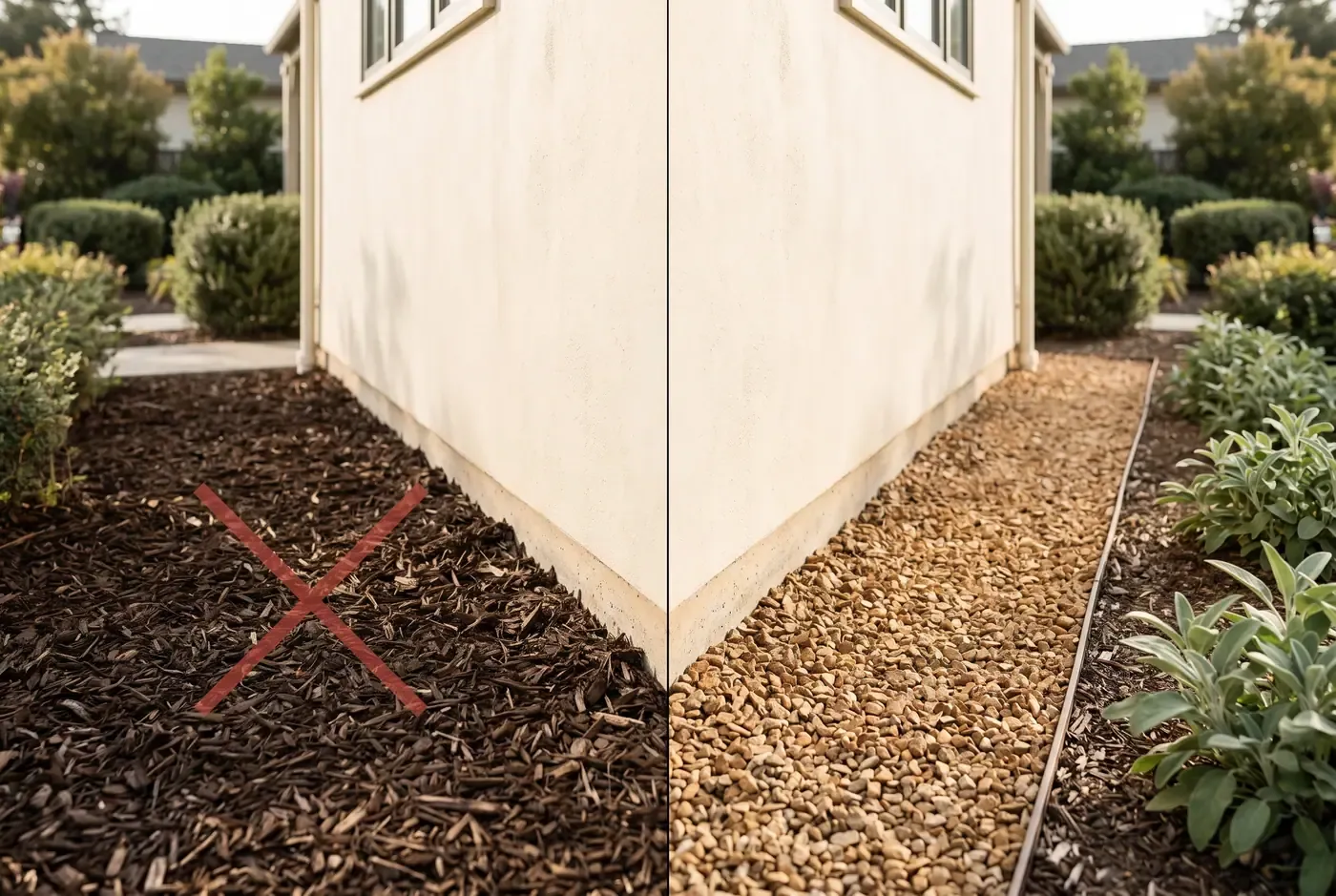 Material comparison: combustible bark mulch versus noncombustible crushed gravel at a house foundation