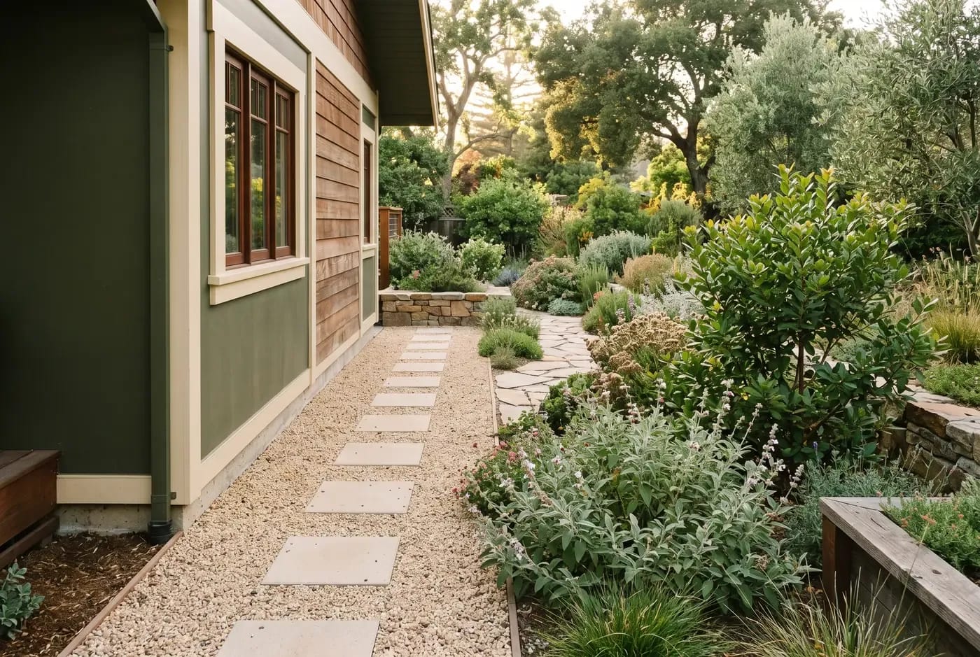 A 5-foot gravel buffer around a residential structure transitioning to a drought-tolerant landscape beyond