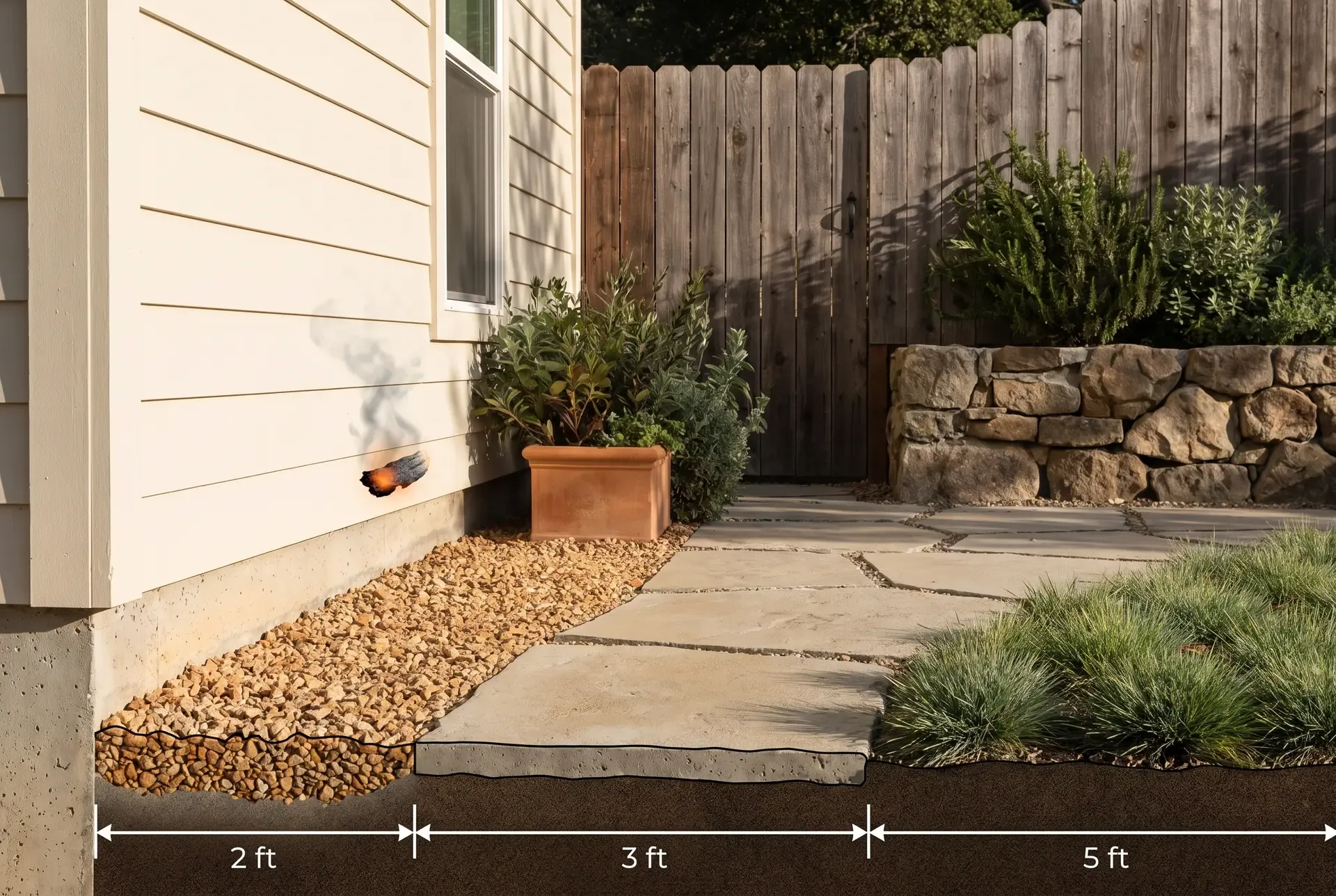Cross-section of a house exterior wall with a 5-foot Zone 0 buffer showing noncombustible gravel and stone against the foundation